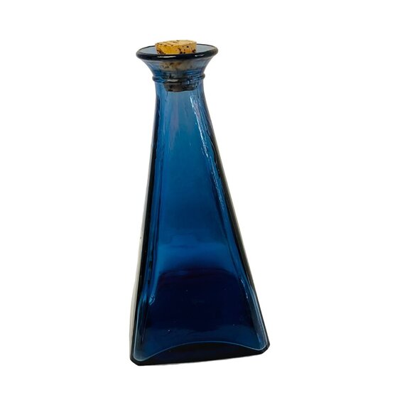Vintage Blue Glass Pyramid Bottle With Cork Stopper - Picture 5 of 6